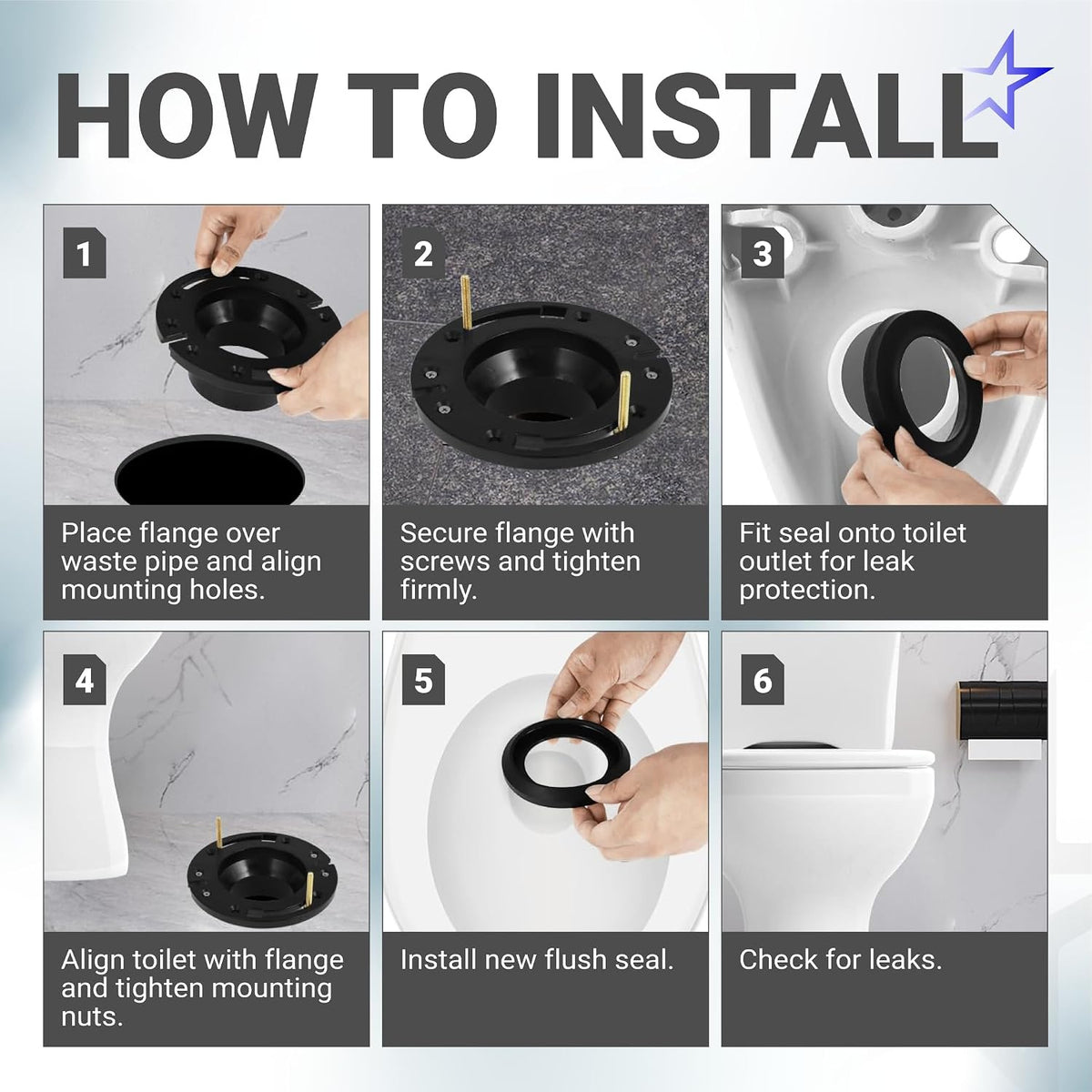 RV Toilet Seal 3-Inch Socket Floor Flange Kit installation guide showing flange, seal fitting, toilet alignment, and leak che