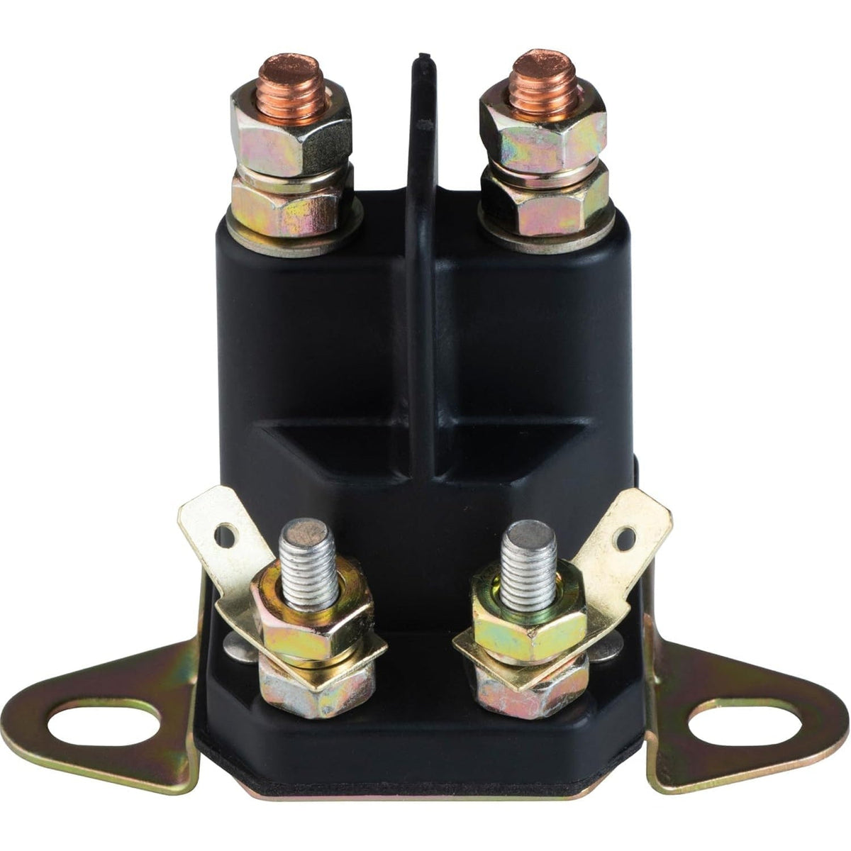 12V 4-terminal starter solenoid for Exmark and Toro zero-turn lawn mowers with mounting brackets.