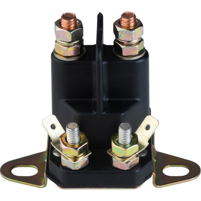 12V 4-terminal starter solenoid for Exmark and Toro zero-turn lawn mowers with mounting brackets.