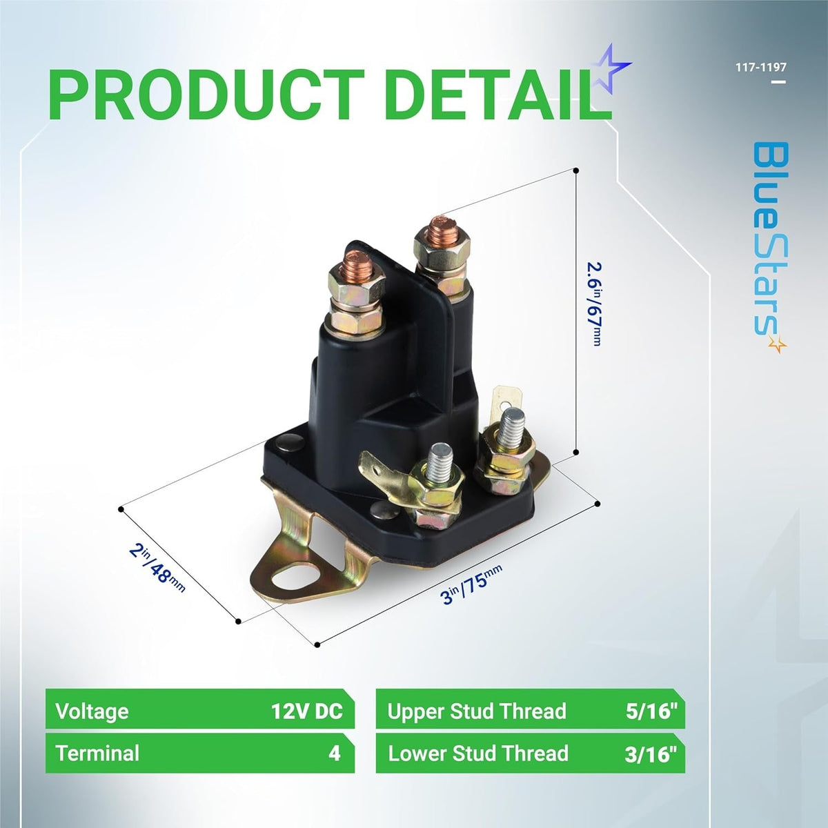 12V 4-terminal starter solenoid with dimension diagram for Exmark and Toro zero-turn lawn mowers.