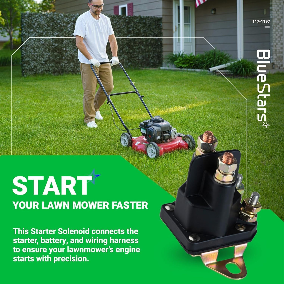 12V 4-terminal starter solenoid for Exmark and Toro lawn mowers shown in a promotional lifestyle graphic.