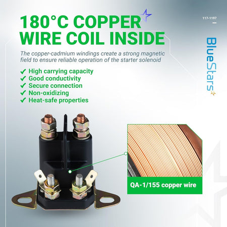 12V 4-terminal starter solenoid showing internal copper wire coil construction for Exmark and Toro lawn mowers.