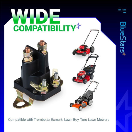 12V 4-terminal starter solenoid for Exmark and Toro lawn mowers with wide compatibility graphic.