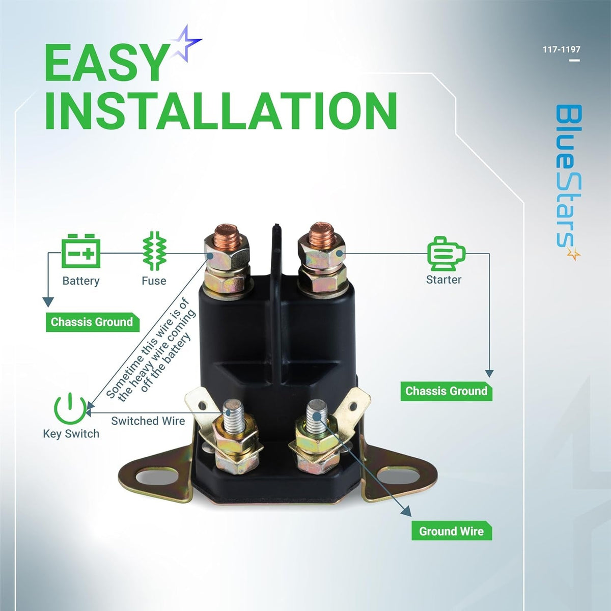 12V 4-terminal starter solenoid installation diagram for Exmark and Toro lawn mowers showing wiring connections.