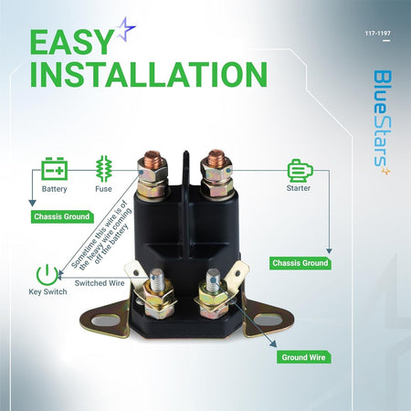 12V 4-terminal starter solenoid installation diagram for Exmark and Toro lawn mowers showing wiring connections.