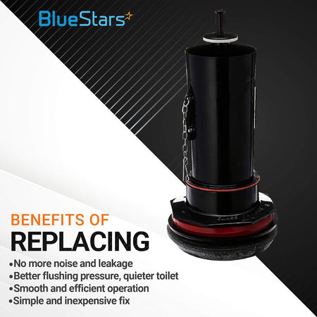 Black canister flush valve assembly for toilet repair with red rubber seal.