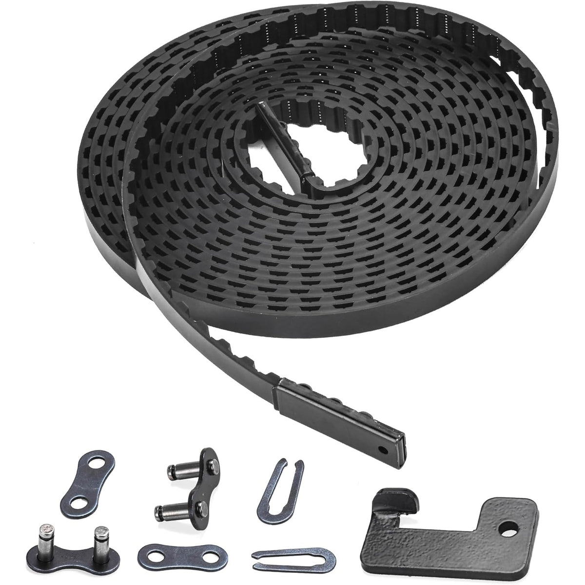 Coiled 235-inch garage door opener belt for 7ft doors with master link and installation hardware.