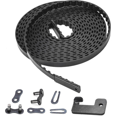 Coiled 235-inch garage door opener belt for 7ft doors with master link and installation hardware.