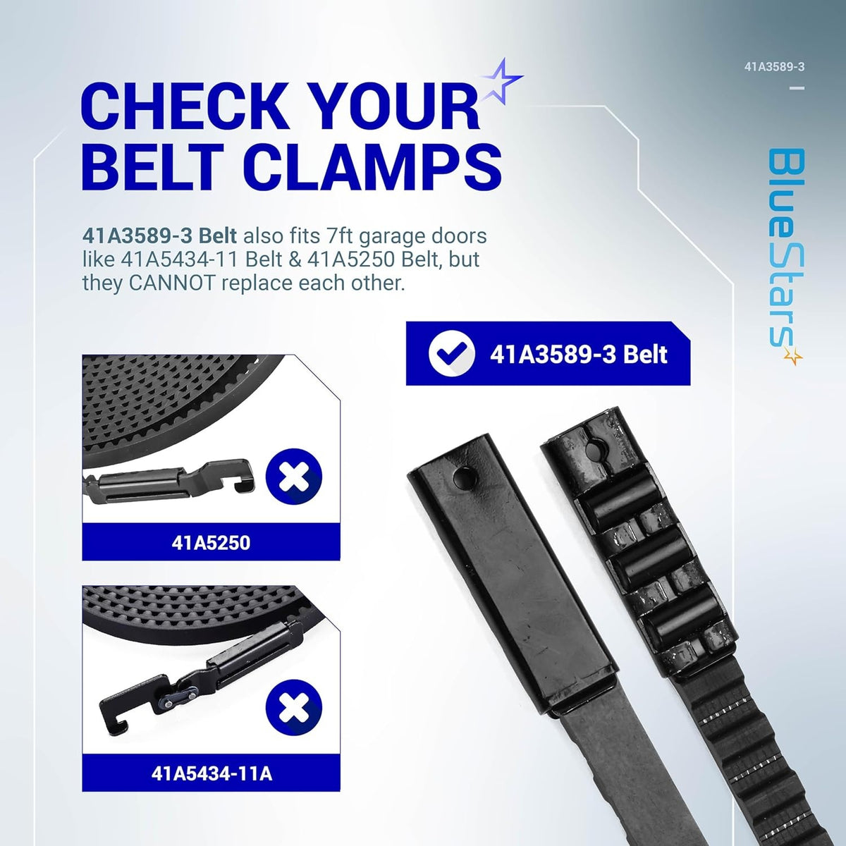 Comparison chart showing 41A3589-3 garage door opener belt clamp compatibility versus 41A5250 and 41A5434-11A models.