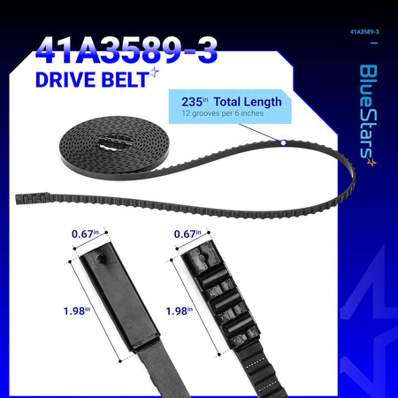 41A3589-3 garage door opener drive belt with 235-inch length and connector dimensions shown in a technical diagram.