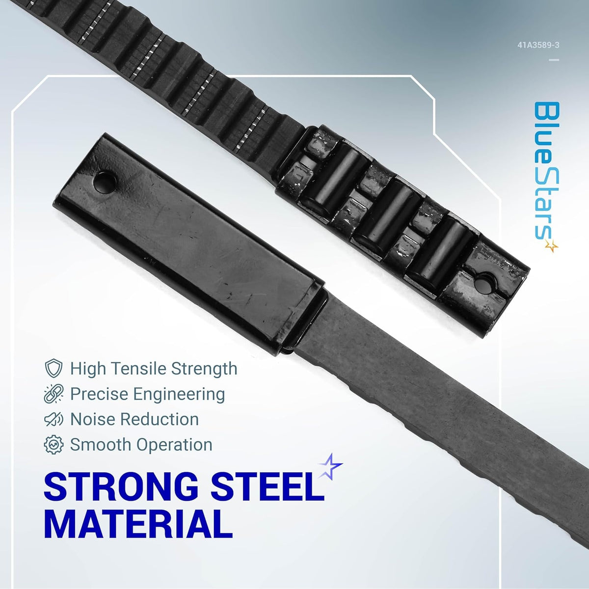 Close-up of 41A3589-3 garage door opener belt connector and reinforced steel belt section.