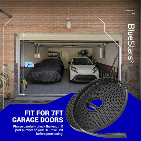 41A3589-3 garage door opener belt for 7ft doors shown with compatibility graphic and installation context.