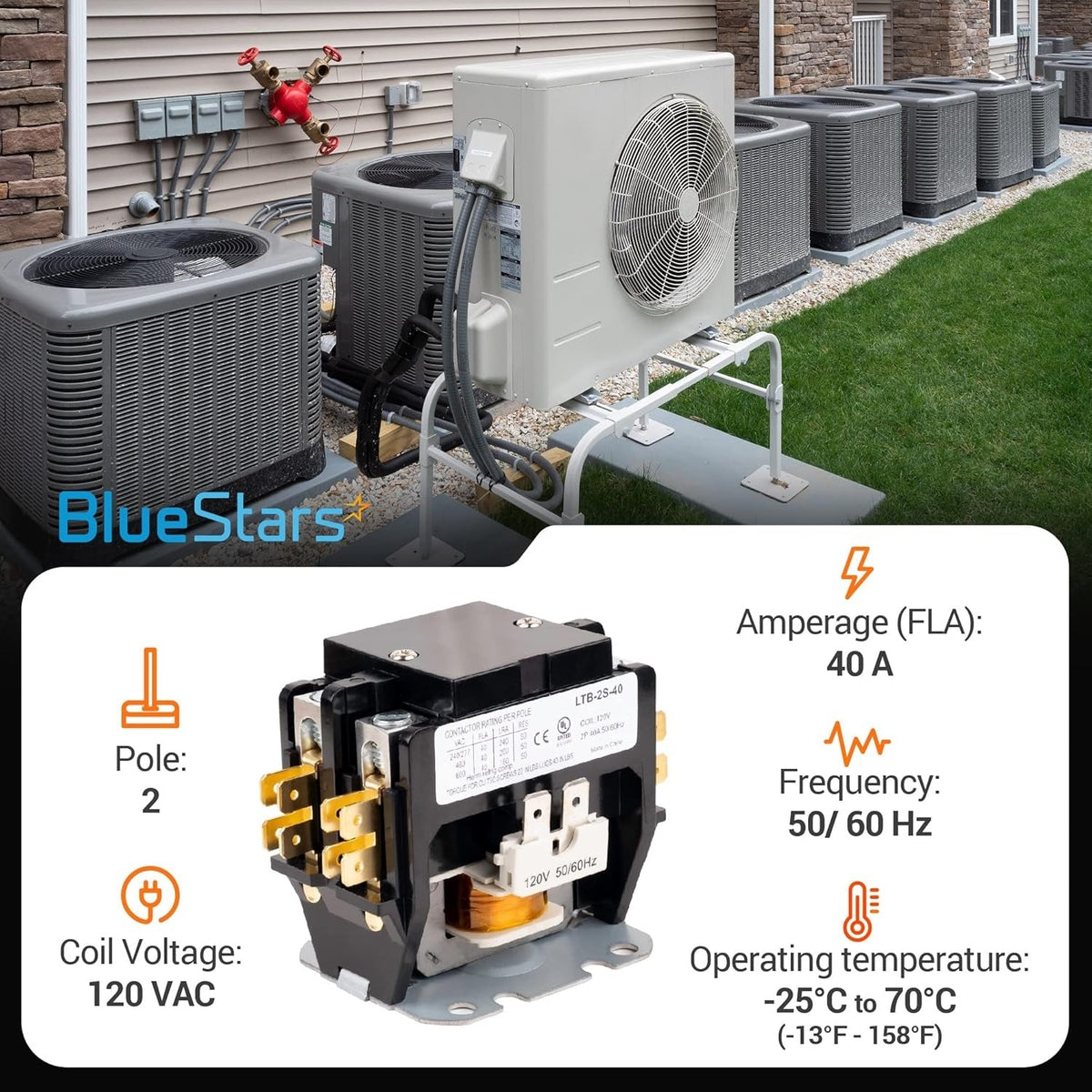 Close-up of a 2-pole, 40-amp contactor with a 120VAC coil for HVAC systems.