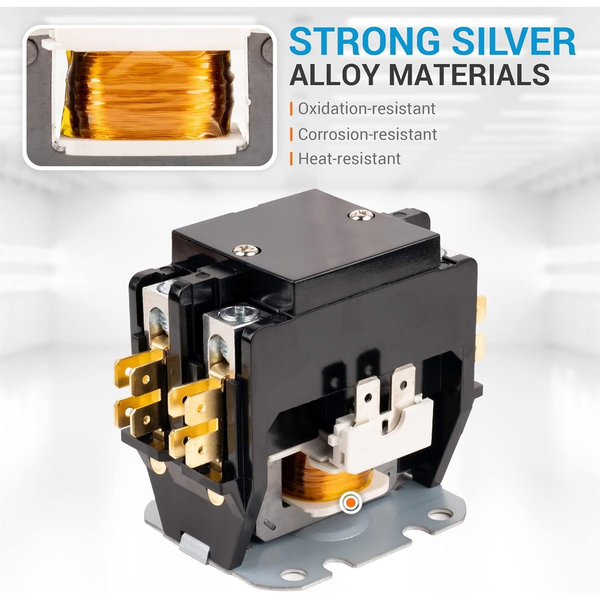 40 Amp 2 pole contactor with close-up view of heat-resistant silver alloy coil winding.