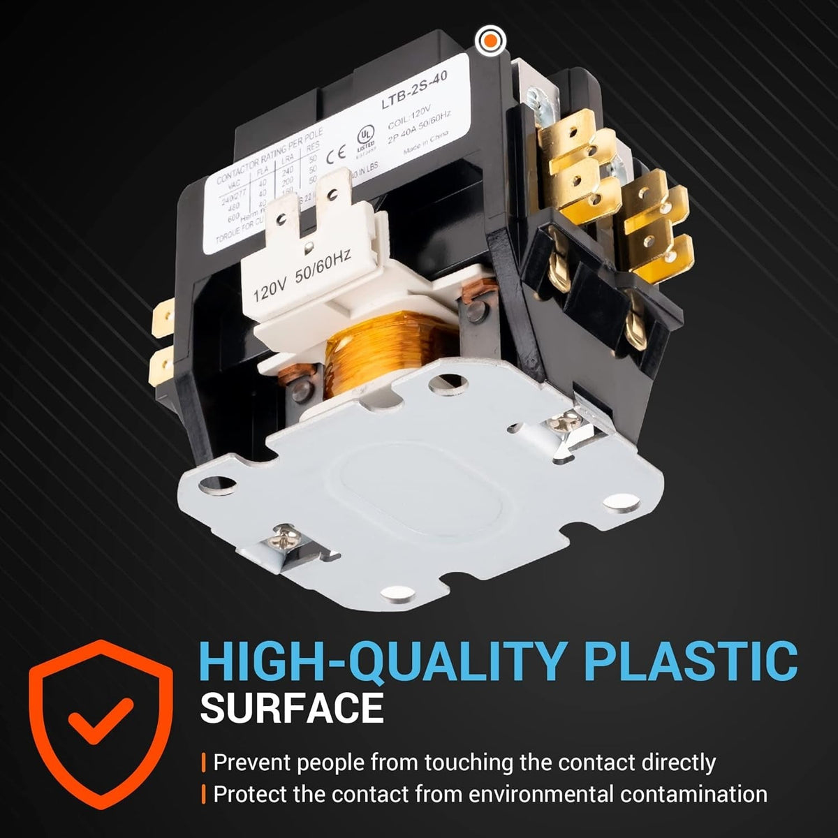 40 Amp 2-pole contactor with 120VAC coil showing the protective plastic housing and mounting base.