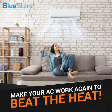 Woman relaxing on a couch under a wall-mounted air conditioner to promote 2 pole 40 amp 120VAC contactor repair.