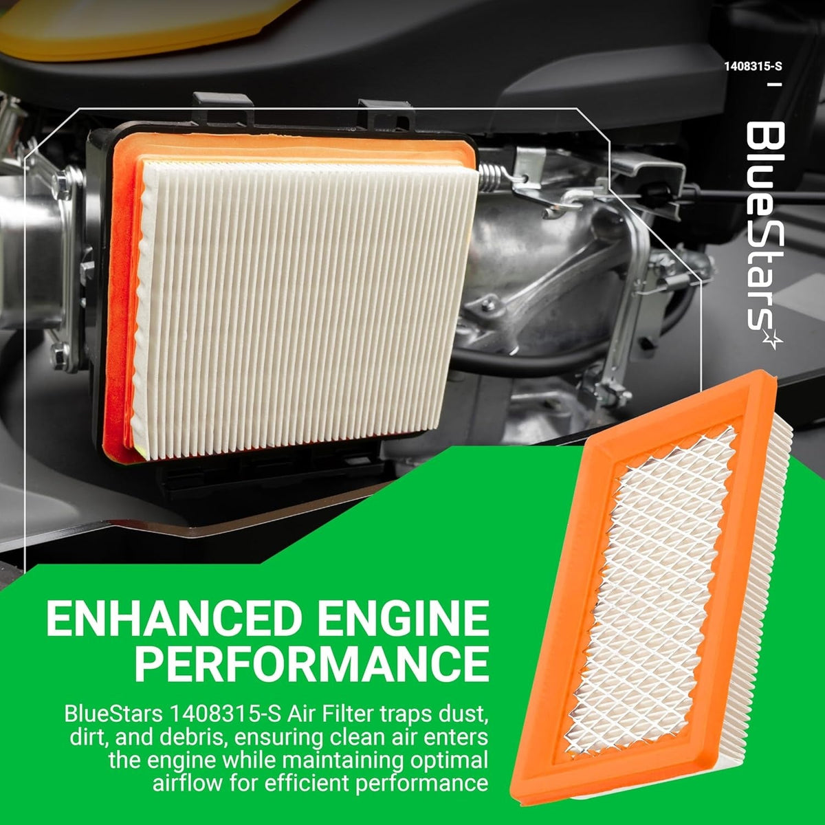 14 083 15-S air filter installed on a Kohler lawn mower engine with a close-up view of the replacement filter.