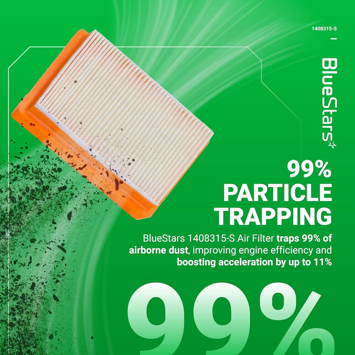 BlueStars 14 083 15-S air filter for Kohler XT650 and XT675 engines on a green promotional background.