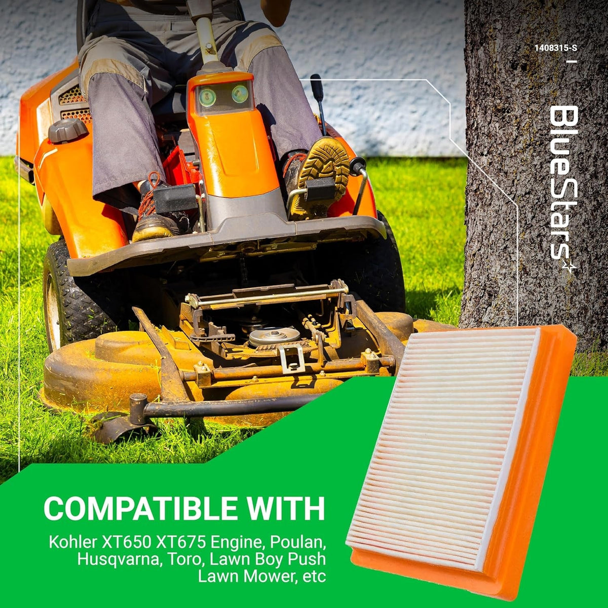 14 083 15-S air filter for Kohler XT650 and XT675 lawn mower engines shown with a riding mower background.