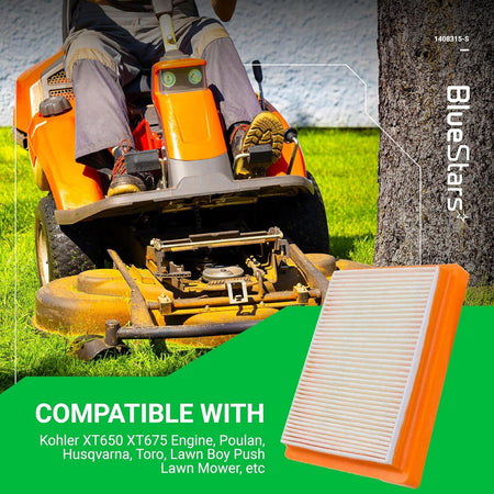14 083 15-S air filter for Kohler XT650 and XT675 lawn mower engines shown with a riding mower background.