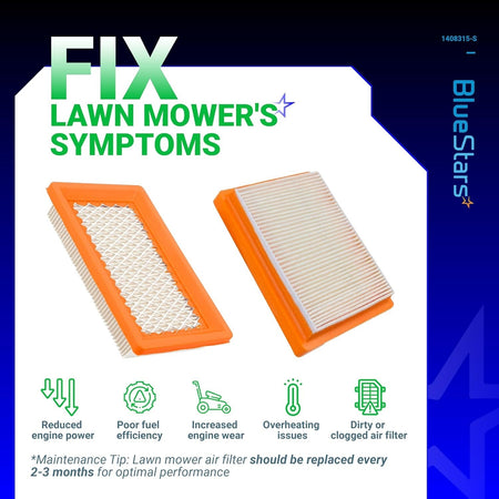 Two 14 083 15-S air filters for Kohler XT650 and XT675 lawn mower engines with maintenance symptom infographic.