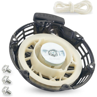Black recoil pull starter assembly for Predator 212cc engines with mounting bolts and starter rope.