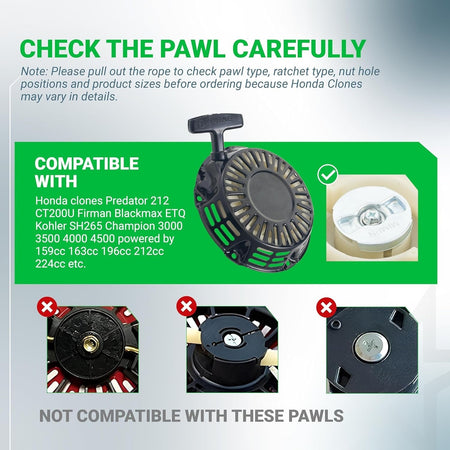 Infographic showing pull start recoil starter compatibility and pawl type comparison for Predator 212 engines.