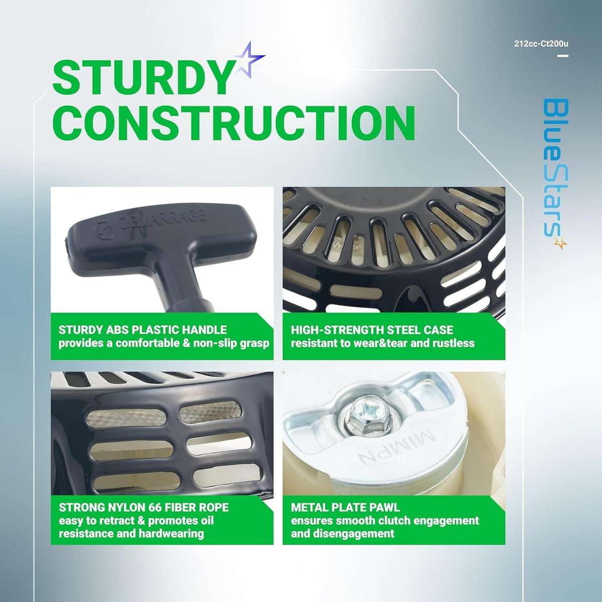 Infographic showing construction details of 212cc pull start recoil starter for Predator and Coleman mini bike engines.