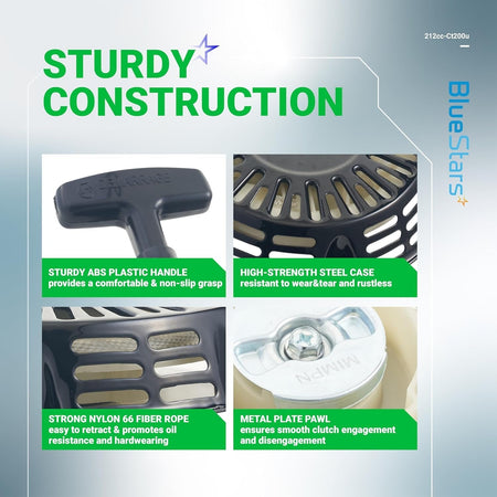 Infographic showing construction details of 212cc pull start recoil starter for Predator and Coleman mini bike engines.