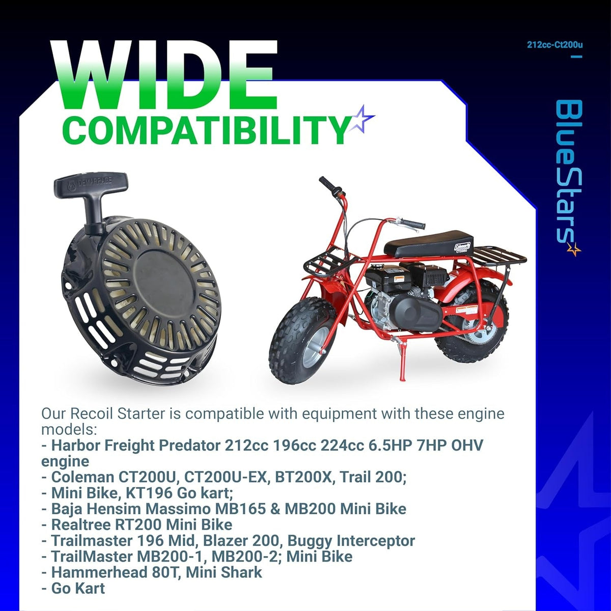Black pull start recoil starter for Predator 212cc engines and Coleman CT200U mini bikes with compatibility list.