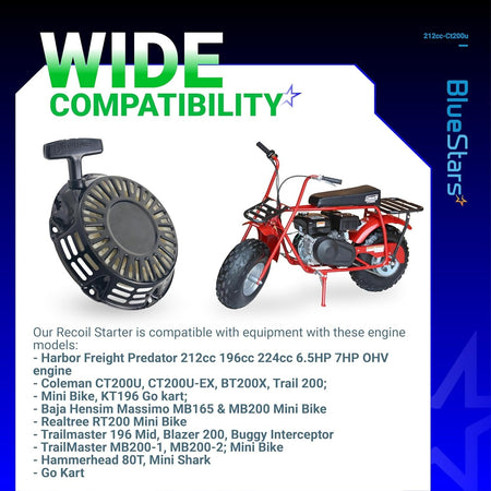 Black pull start recoil starter for Predator 212cc engines and Coleman CT200U mini bikes with compatibility list.