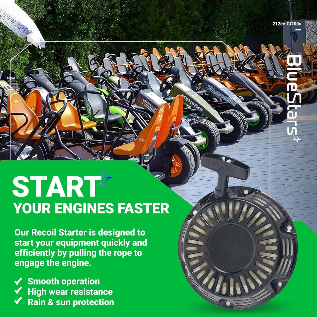 Black pull start recoil starter for Predator 212cc engines and Coleman CT200U mini bikes on promotional graphic.