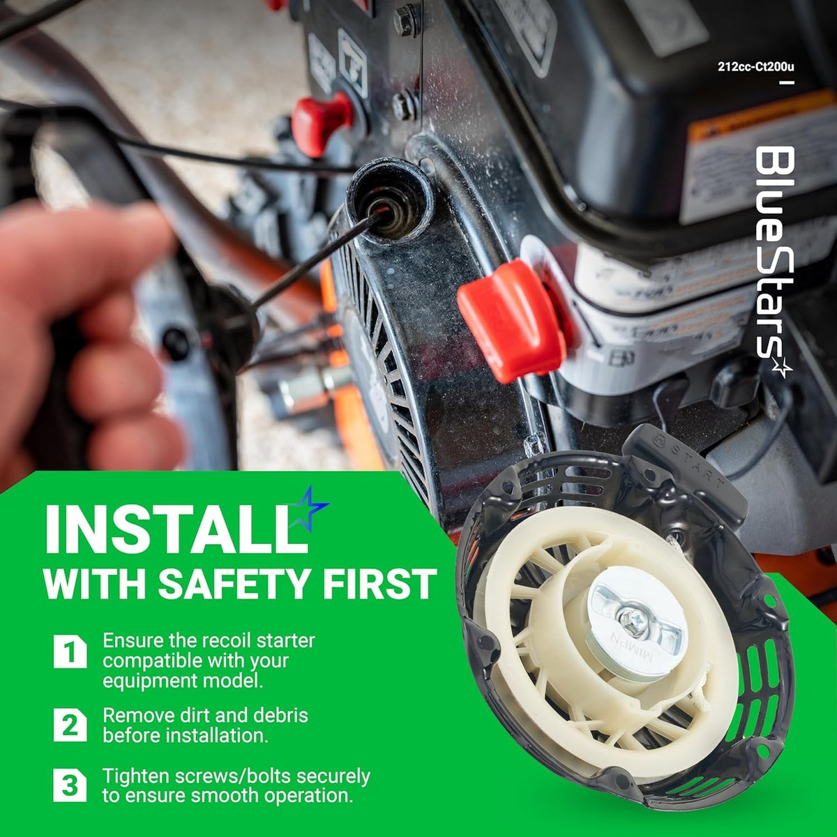 Black pull start recoil starter for Predator 212cc engine with installation safety instructions overlay.