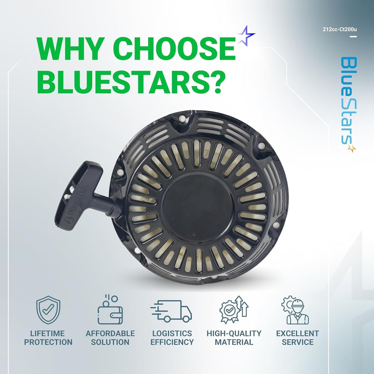 Black pull start recoil starter for Predator 212cc and Coleman CT200U engines shown in a promotional graphic.
