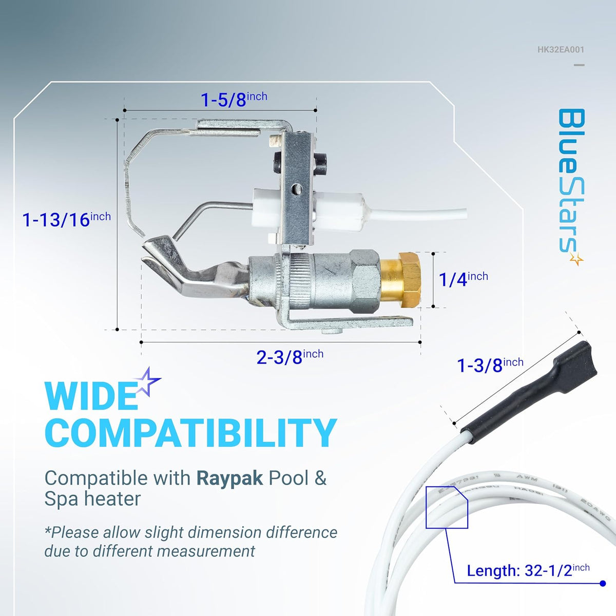 002003F pilot assembly for Raypak pool heaters with dimension labels and wire length specifications.