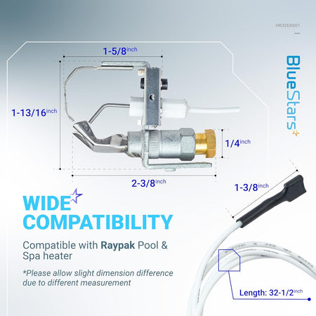 002003F pilot assembly for Raypak pool heaters with dimension labels and wire length specifications.