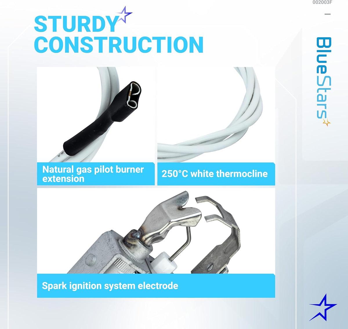 002003F pool heater pilot burner components including gas extension, white thermocline, and spark ignition electrode.