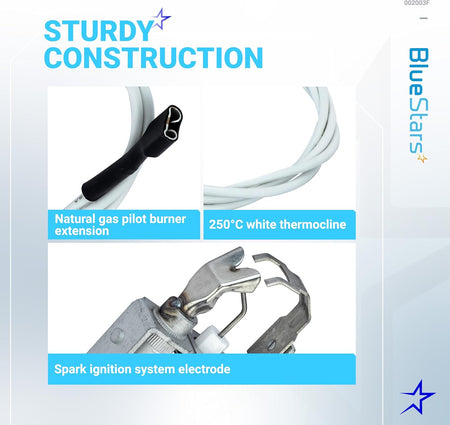 002003F pool heater pilot burner components including gas extension, white thermocline, and spark ignition electrode.