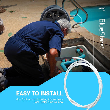 002003F pool heater pilot replacement part shown with installation graphic and technician working on pool equipment.