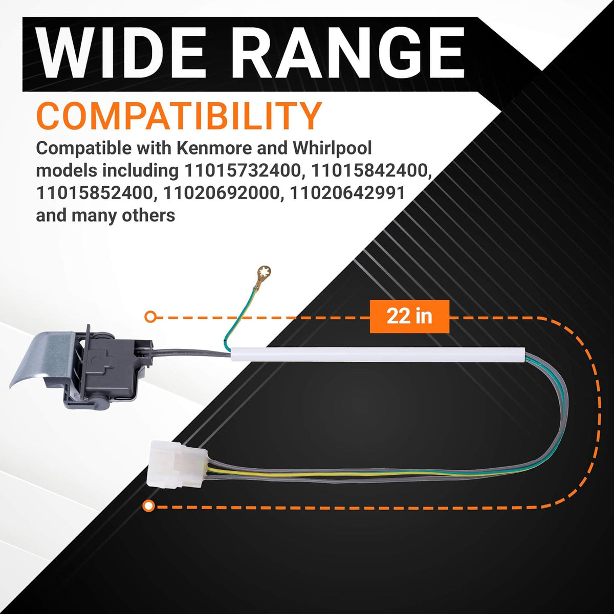 Washer lid switch 3949238 showing 22-inch wire length and compatibility for Whirlpool and Kenmore washing machines.