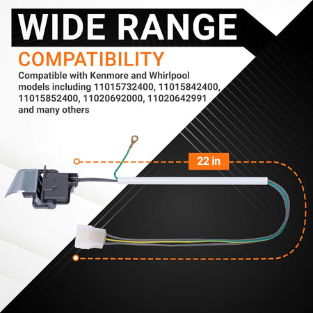 Washer lid switch 3949238 showing 22-inch wire length and compatibility for Whirlpool and Kenmore washing machines.