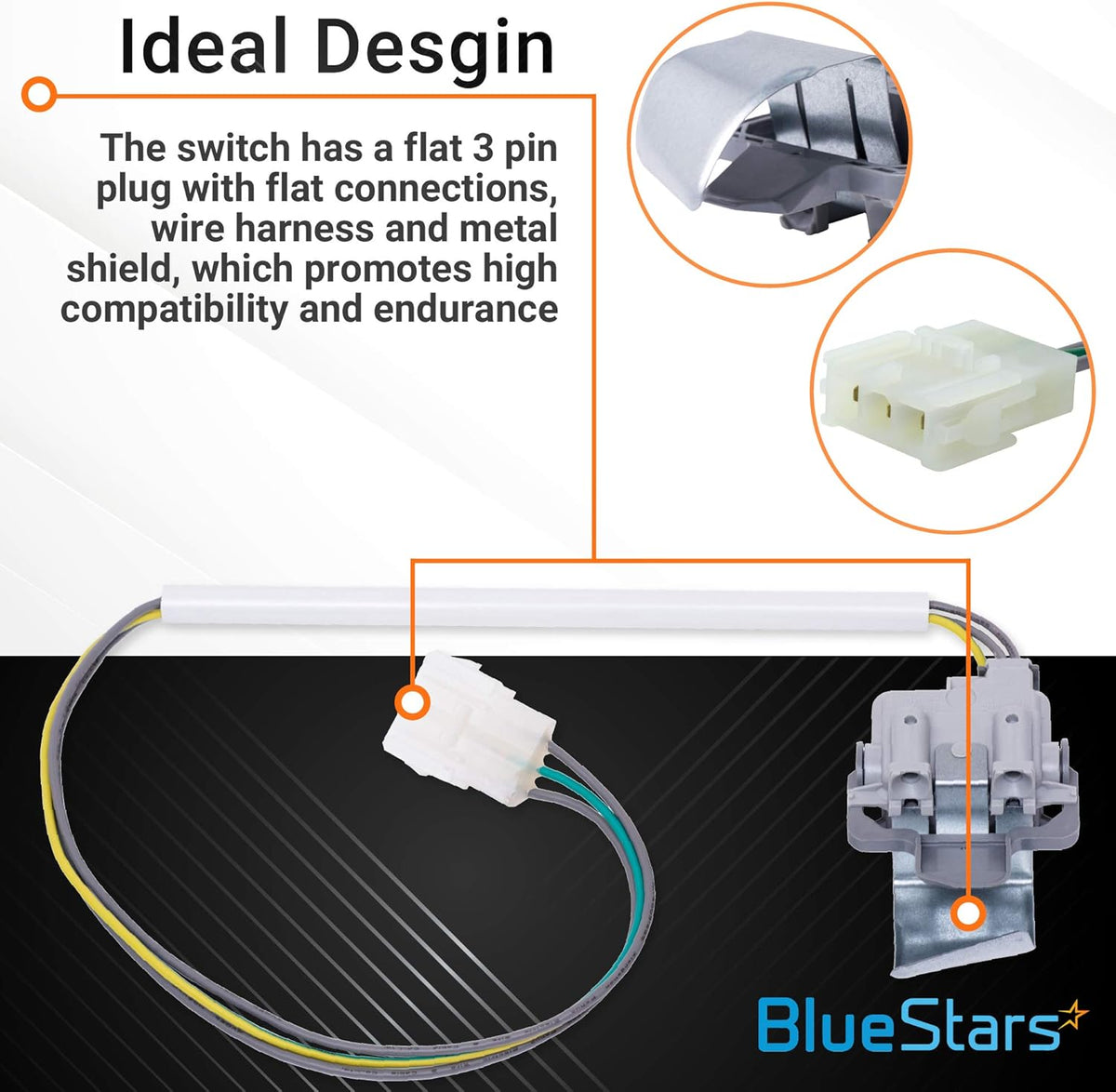 Infographic showing 3949238 washer lid switch features including 3-pin plug, wire harness, and metal shield.