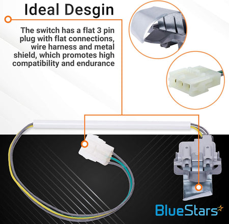 Infographic showing 3949238 washer lid switch features including 3-pin plug, wire harness, and metal shield.