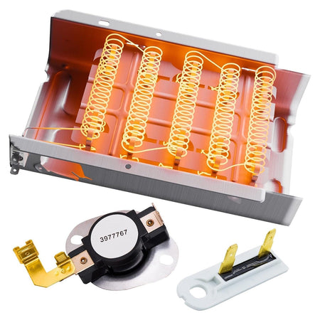 Dryer heating element assembly with 3977767 thermal fuse and thermostat for Whirlpool and Kenmore dryers.