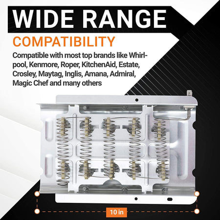 Dryer heating element assembly for Whirlpool and Kenmore dryers with 10-inch width measurement graphic.
