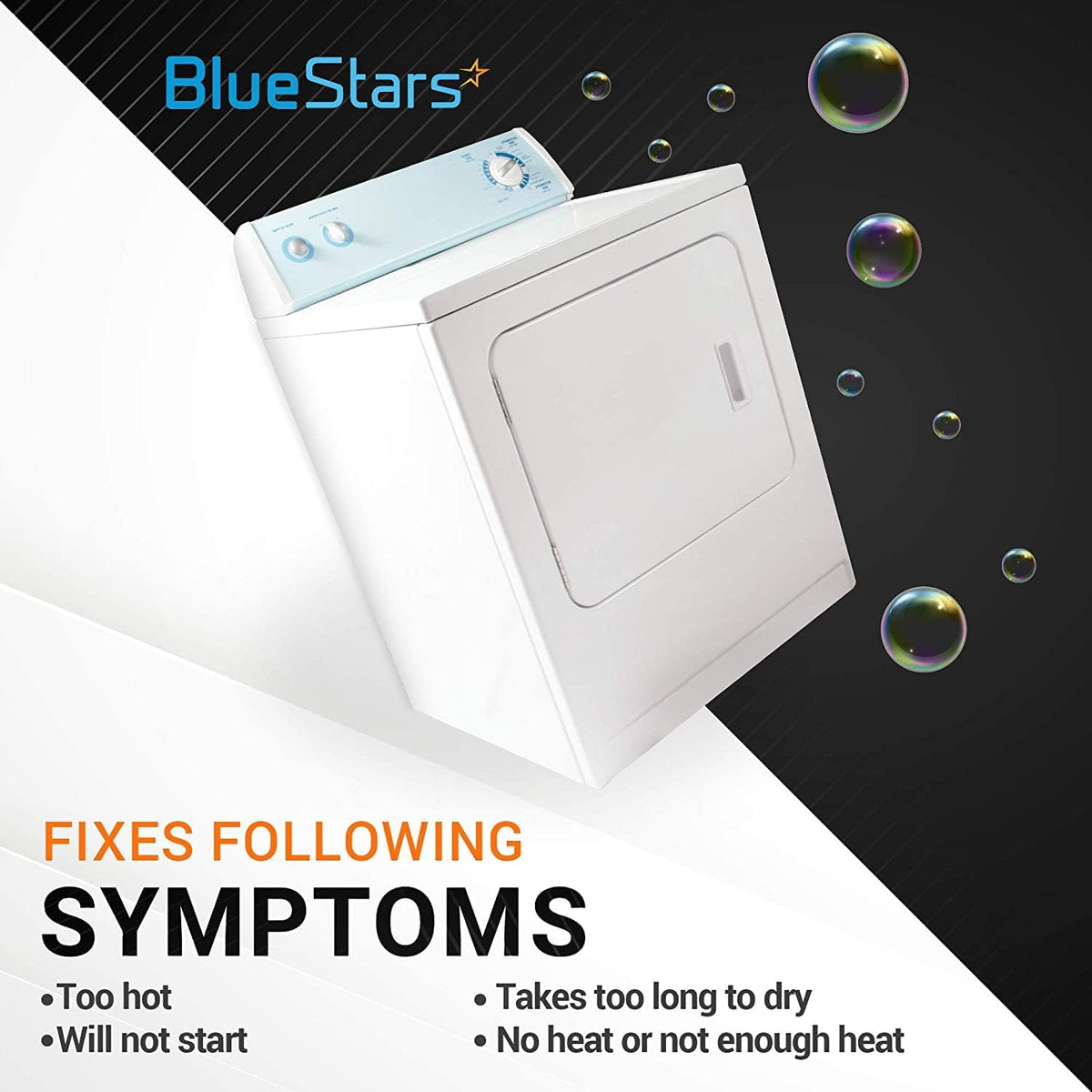 BlueStars dryer repair kit infographic showing common dryer symptoms like no heat or not starting for Whirlpool Kenmore.