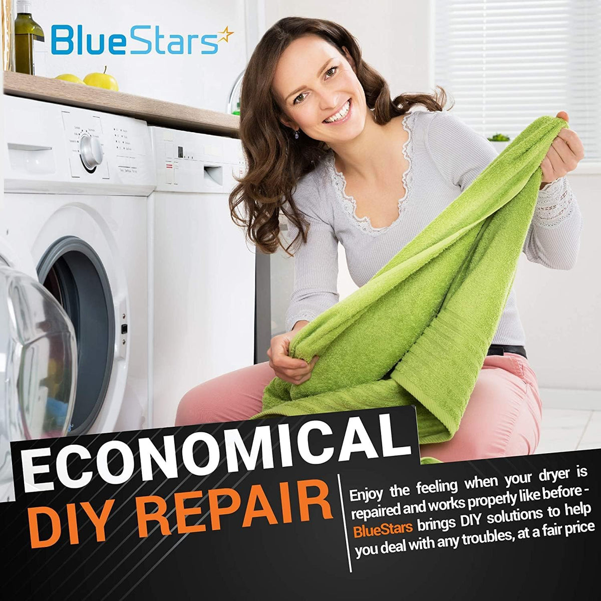 Woman holding a green towel in front of a dryer, promoting BlueStars DIY dryer repair solutions.