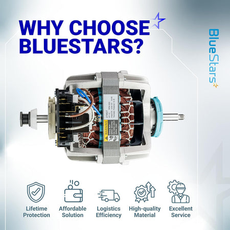 279827 Dryer Drive Motor with Pulley shown in a BlueStars “Why Choose BlueStars?” product graphic
