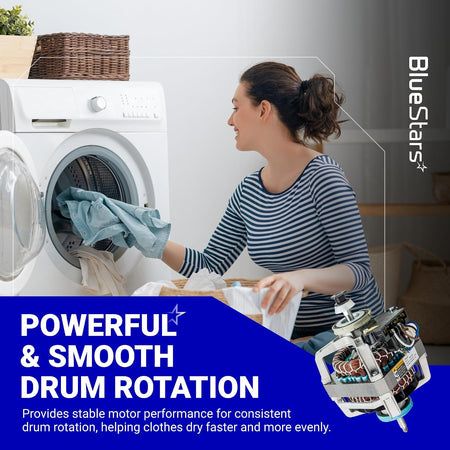279827 Dryer Drive Motor with Pulley marketing graphic showing a motor cutaway and woman loading a dryer