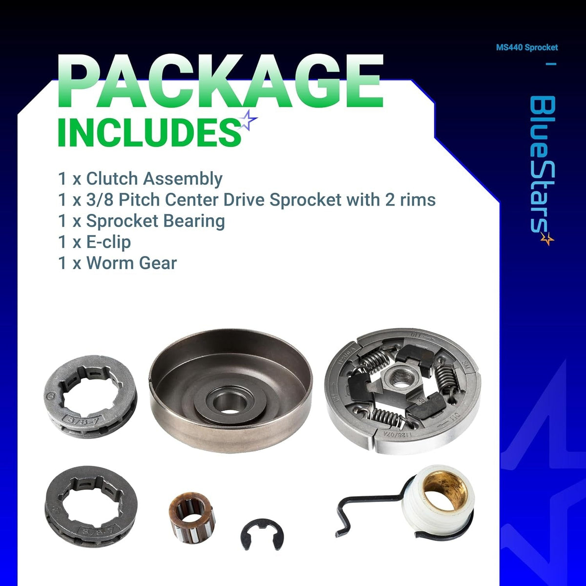 Clutch drum, sprocket rims, needle bearing, E-clip, and worm gear kit for Stihl MS361 MS440 MS461 chainsaws.